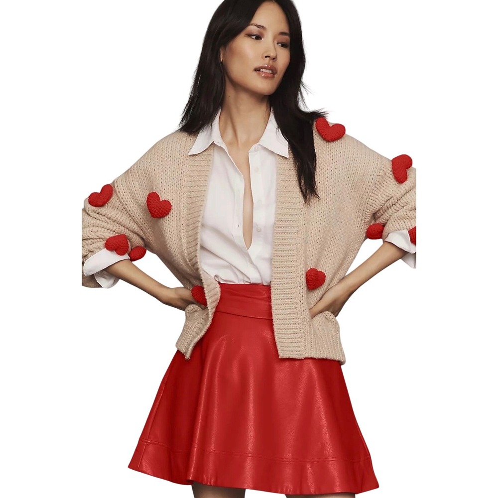 Maeve Anthropologie 3D Heart Susannah Chunky Knit Cardigan Sweater Beige OS NEW